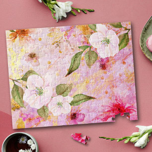 Pink gold script vintage floral watercolor stylish jigsaw puzzle