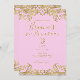 Pink & Gold Shine Lace Elegant Quinceañera   Invitation