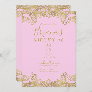 Pink & Gold Shine Lace Elegant Sweet 16 Party  Invitation