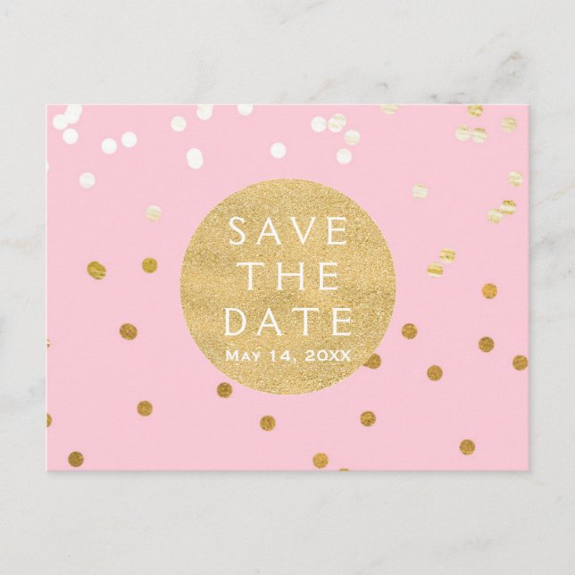 Pink & Gold Shiny Confetti Dots Save The Date Announcement Postcard (Front)