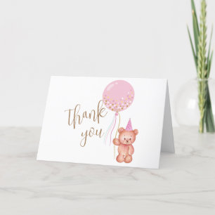 Pink Gold Simple Teddy Bear Balloon Baby Shower Thank You Card