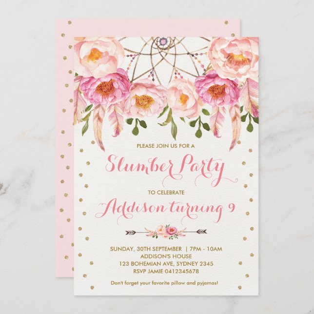 Pink & Gold Slumber Party Boho Birthday Sleepover Invitation (Front/Back)