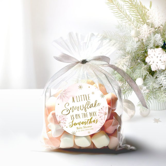 Pink Gold Snowflake Girl Baby Shower Classic Round Sticker (Creator Uploaded)