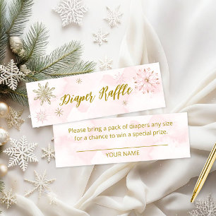 Pink Gold Snowflake Girl Baby Shower Diaper Raffle Mini Business Card