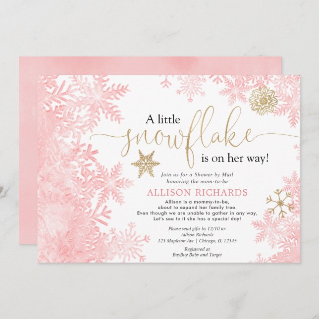 Pink gold snowflake Shower by Mail baby shower Invitation (Front/Back)