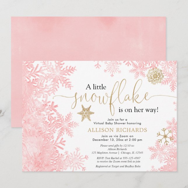 Pink gold snowflake Virtual girl baby shower Invitation (Front/Back)