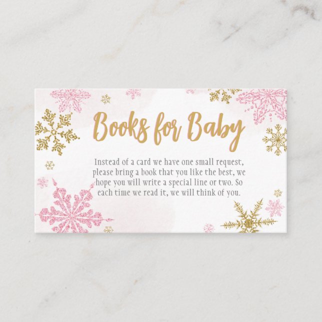 Pink Gold Snowflakes Baby Shower Books for Baby Enclosure Card (Front)