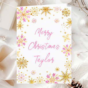 Pink Gold Snowflakes Merry Christmas with Name Holiday Card