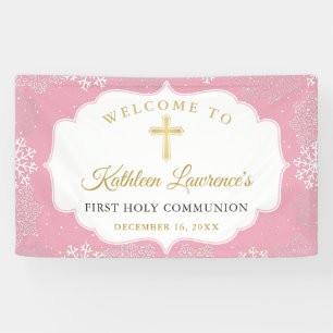 Pink Gold Snowflakes Winter First Communion Banner