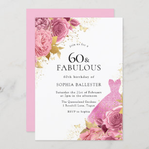 Pink Gold Sparkle Dress Roses 60th Birthday Party Invitation