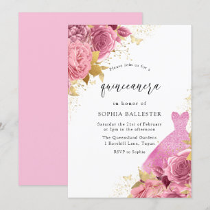 Pink & Gold Sparkle Dress Roses Quinceanera Party Invitation
