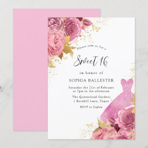 Pink & Gold Sparkle Dress Roses Sweet 16 Party Invitation