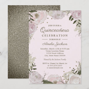 Pink Gold Sparkle Floral Quinceanera Invitation