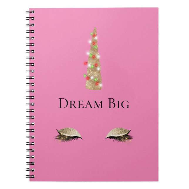 Pink Gold Sparkle Glam Unicorn Lights Notebook (Front)