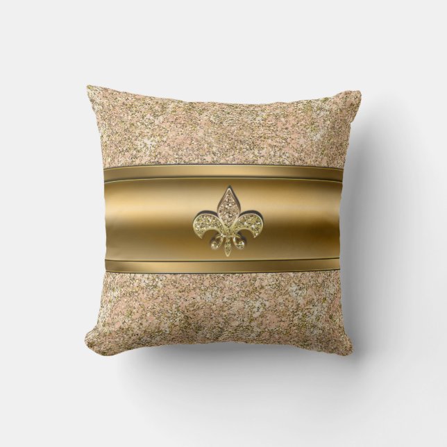 Pink & Gold Sparkle Glittery Fleur de lis Chic Cushion (Front)