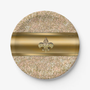 Pink & Gold Sparkle Glittery Fleur de lis Party Paper Plate
