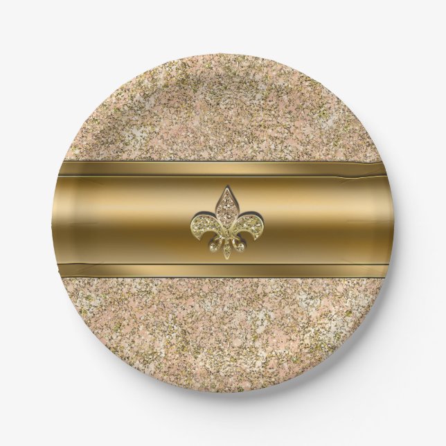 Pink & Gold Sparkle Glittery Fleur de lis Party Paper Plate (Front)