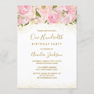 Pink Gold Sparkle Rose 100th Birthday Invitation
