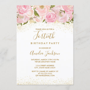 Pink Gold Sparkle Rose 40th Birthday Invitation