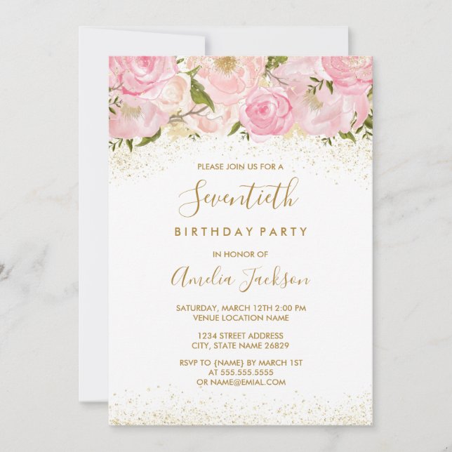 Pink Gold Sparkle Rose 70th Birthday Invitation (Front)