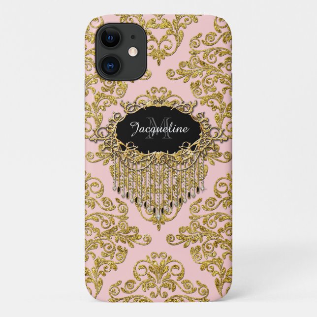 Pink Gold Sparkle Vintage Damask Elegant Glitter Case-Mate iPhone Case (Back)