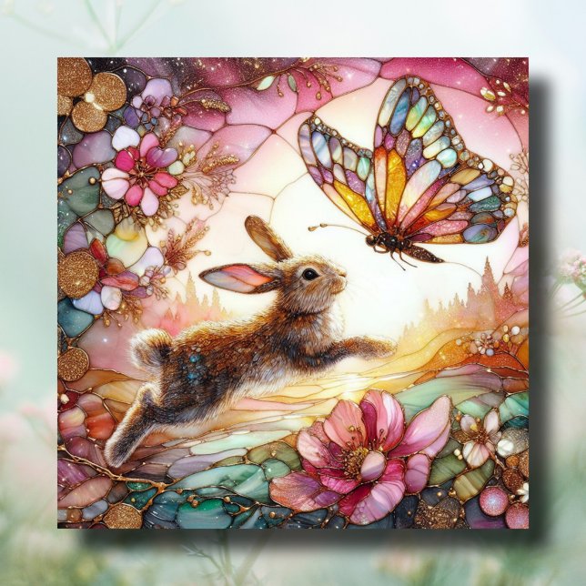 Pink Gold Stained Glass Bunny Butterfly Easter  Holiday Card (Creator Uploaded)
