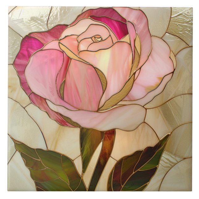 Pink Gold Stained Glass Mosaic Rose Flower Ceramic Tile (Front)