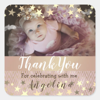 Pink Gold Star Photo Thank You  Square Sticker