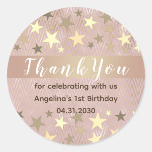Pink Gold Stars 1st Birthday Thank You Classic Round Sticker