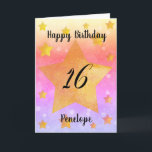 Pink Gold Stars Watercolor 16th Birthday Card<br><div class="desc">A pretty watercolor 16th birthday card that features an array of yellow gold stars on the front with a pretty array of colours on the background. Please see all photos. This personalised 16th birthday card for daughter,  granddaughter,  goddaughter and more would make a wonderful card keepsake for her.</div>