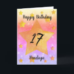 Pink Gold Stars Watercolor 17th Birthday Card<br><div class="desc">A pretty watercolor 17th birthday card that features an array of yellow gold stars on the front with a pretty array of colours on the background. Please see all photos. This personalised 17th birthday card for daughter,  granddaughter,  sister and more would make a wonderful card keepsake for her.</div>