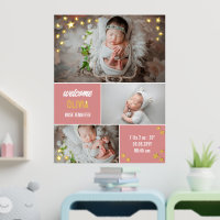 Pink Gold Stars Welcome Baby Girl Photo Collage