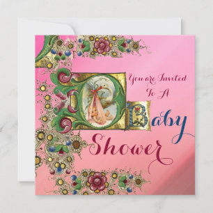 PINK GOLD STORK GIRL BABY SHOWER FLORAL MONOGRAM INVITATION