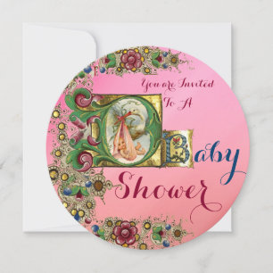 PINK GOLD STORK GIRL BABY SHOWER FLORAL MONOGRAM INVITATION