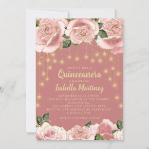 Pink Gold String Light Star Quinceañera Photo Invitation