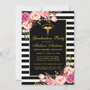 Pink Gold Striped Medical Grad Party Invitation