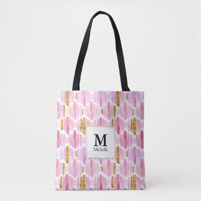 Pink & Gold Striped Monogram Tote Bag (Front)