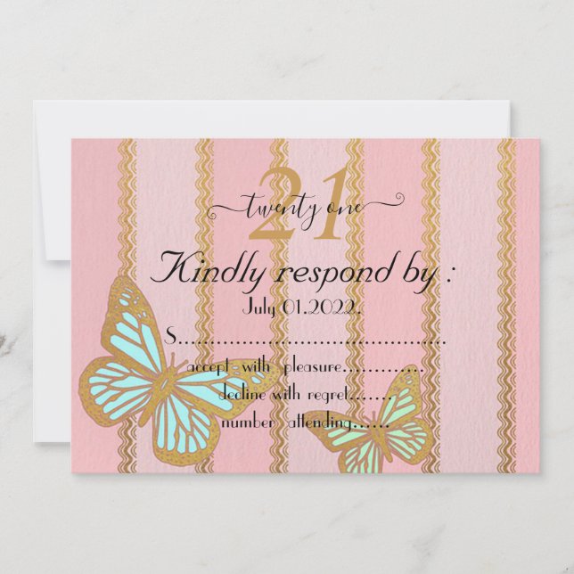 Pink Gold Stripes and Buterfly 21st Birthday Invitation (Front)