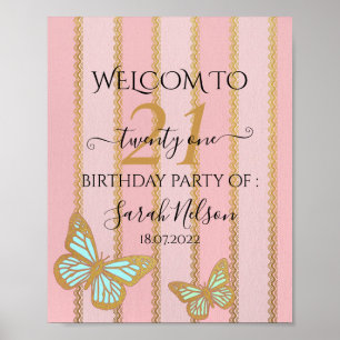 Pink Gold Stripes and Buterfly Poster