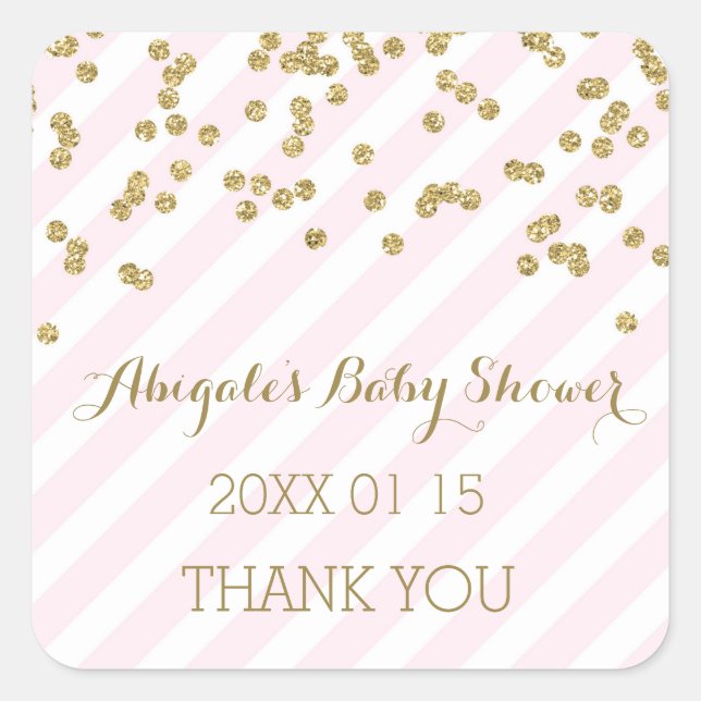 Pink Gold Stripes Baby Shower Favour Sticker (Front)