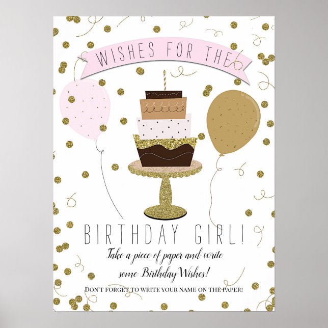 Pink & Gold Sugar is Sweet Birthday Cake Wishes Poster (Front)