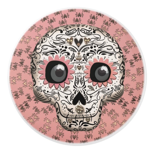 Pink & Gold Sugar Skull & Cute Whimsical Hearts Ceramic Knob (Front)