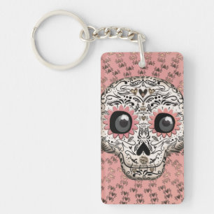 Pink & Gold Sugar Skull & Cute Whimsical Hearts Key Ring