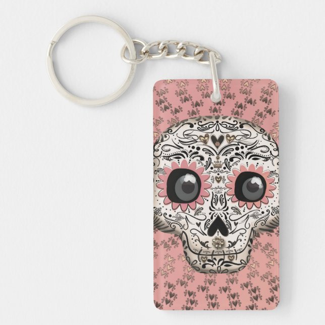 Pink & Gold Sugar Skull & Cute Whimsical Hearts Key Ring (Front)