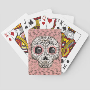 Pink & Gold Sugar Skull & Cute Whimsical Hearts Playing Cards