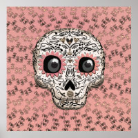 Pink & Gold Sugar Skull & Cute Whimsical Hearts