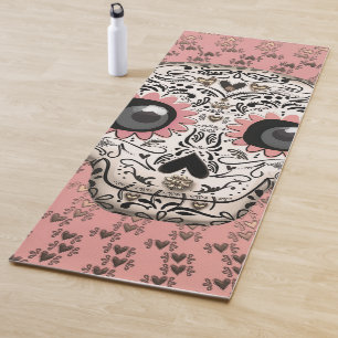 Pink & Gold Sugar Skull & Cute Whimsical Hearts Yoga Mat
