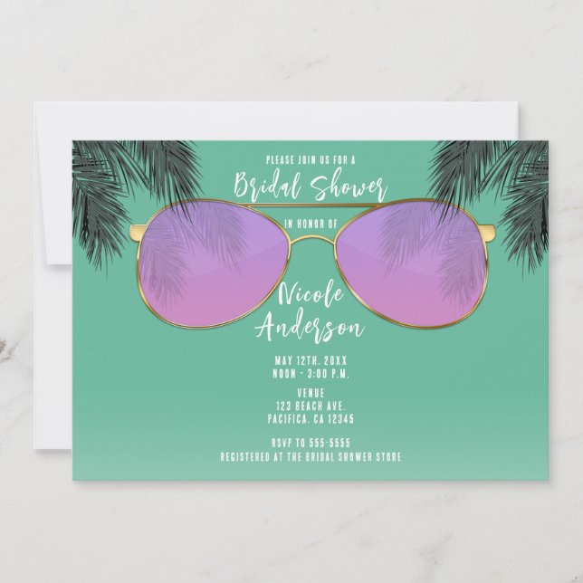 Pink & Gold Sunglasses Teal Summer Bridal Shower Invitation (Front)