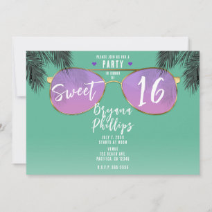 Pink & Gold Sunglasses Teal Summer Sweet 16 Party Invitation