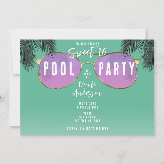 Pink & Gold Sunglasses Teal Sweet 16 Pool Party Invitation (Front)